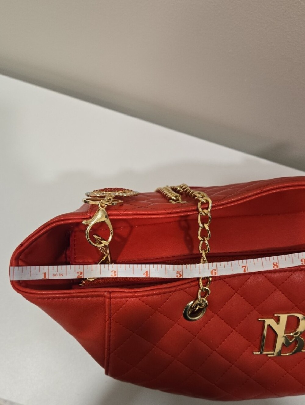 Badgley Miscka Red Quilted Tote Bag with Gold Chain Handles And Heart Key Chain - Picture 14 of 16